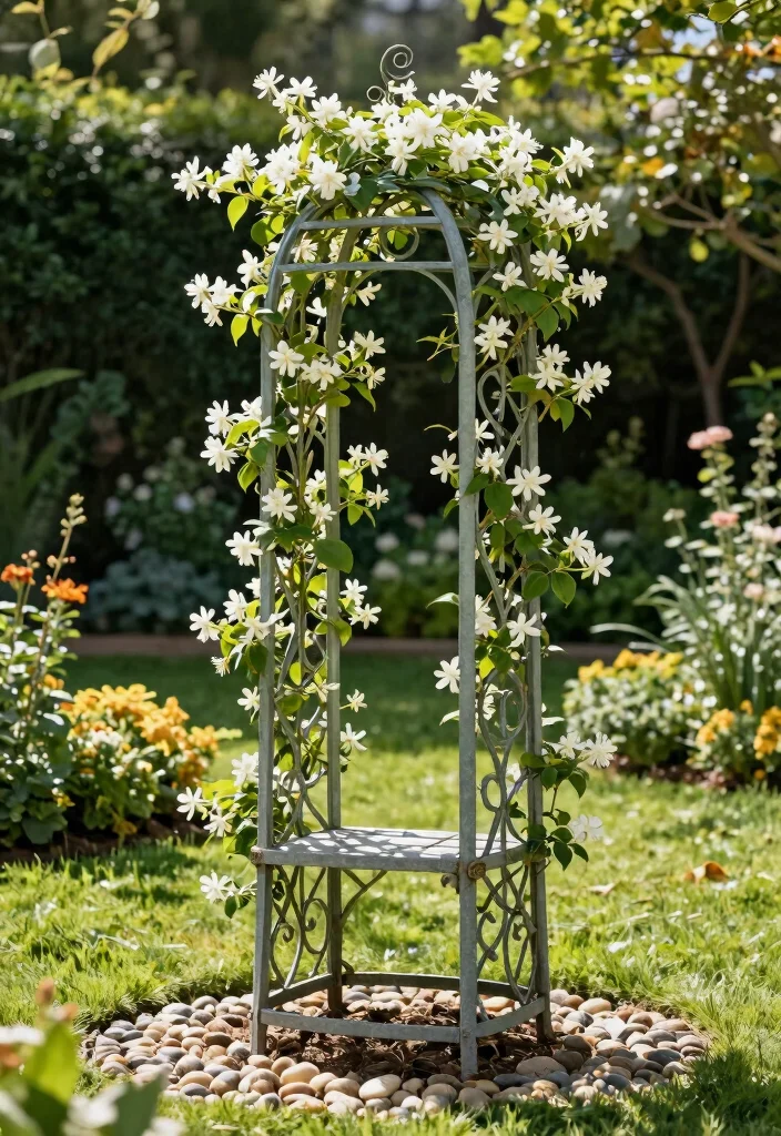 10 Jasmine Trellis Ideas for Fragrant Vertical Garden Design - 2. Elegant Metal Trellis with Climbing Jasmine 1