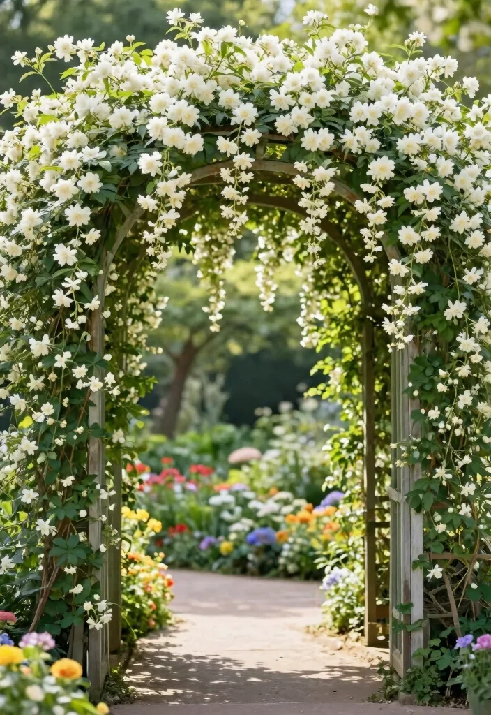 10 Jasmine Trellis Ideas for Fragrant Vertical Garden Design - 5. Arched Trellis for a Romantic Corner 1