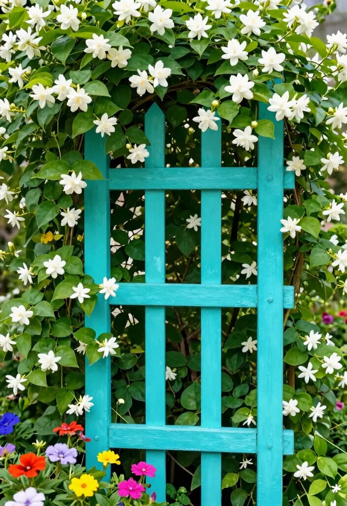 10 Jasmine Trellis Ideas for Fragrant Vertical Garden Design - 7. Painted Trellis for a Pop of Color 1