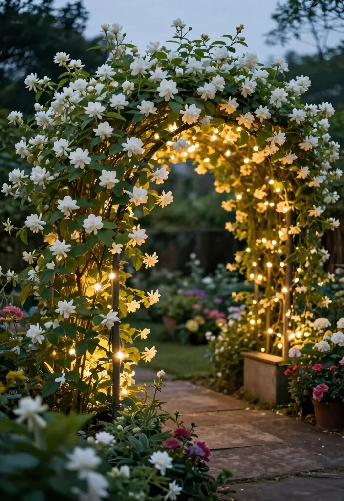10 Jasmine Trellis Ideas for Fragrant Vertical Garden Design - 9. Trellis with String Lights 1