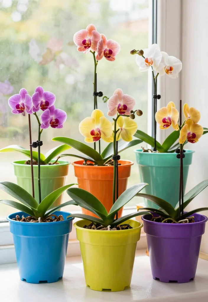 10 Orchid Planter Ideas for Indoor Outdoor Spaces and Beginners - 10. Colorful Plastic Planters 1
