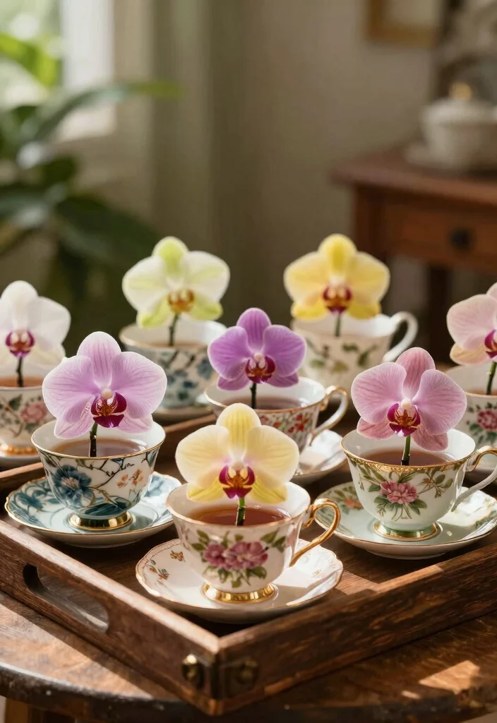 10 Orchid Planter Ideas for Indoor Outdoor Spaces and Beginners - 3. Vintage Tea Cups 1