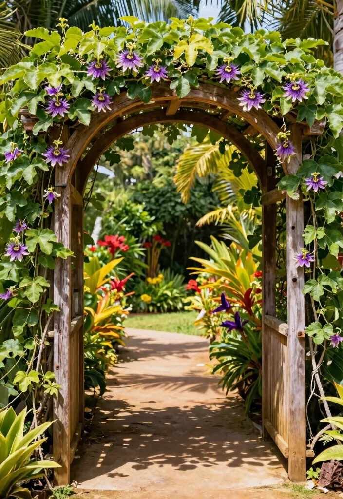 10 Passion Fruit Trellis Ideas for Tropical Garden Spaces - 1. Rustic Wooden Archways 1