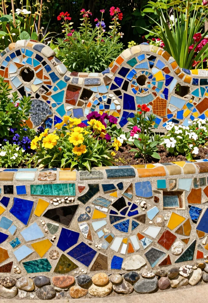 10 Planter Fence Ideas for Vertical Garden Privacy - 9. Artistic Mosaic Planter Fence 1