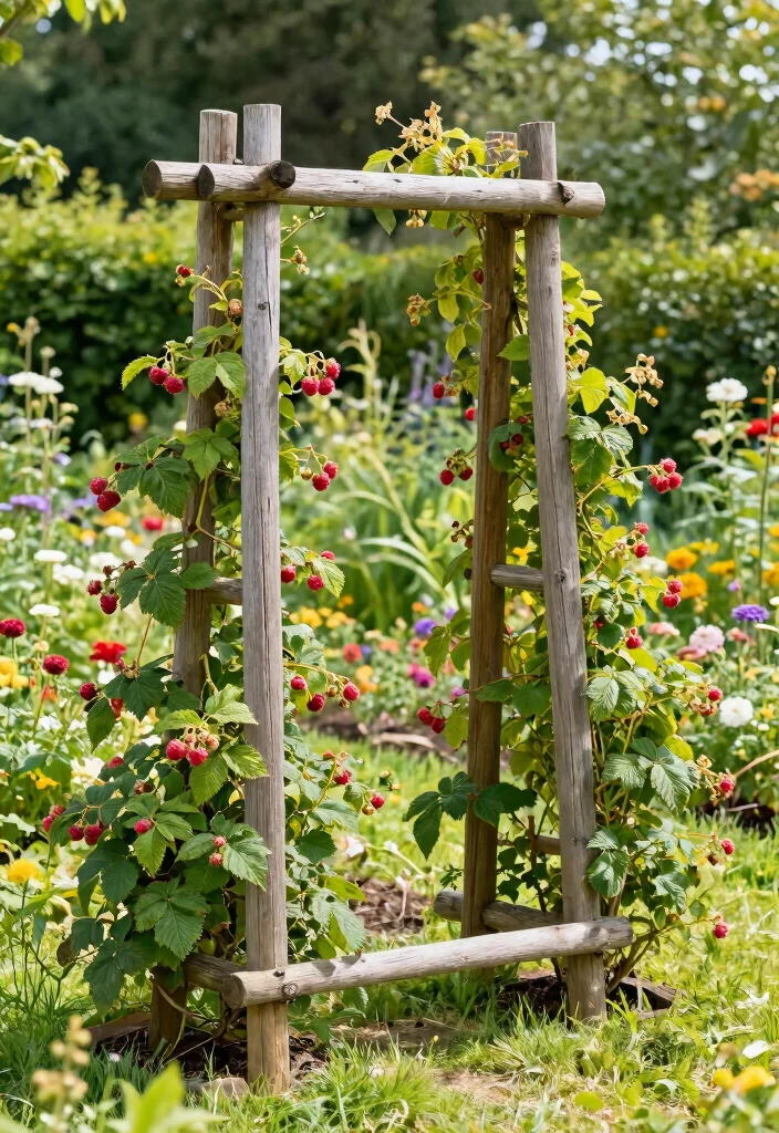 10 Raspberry Trellis Ideas for Healthy and Organized Garden Rows - 3. Rustic Cedar Pole Trellis 1