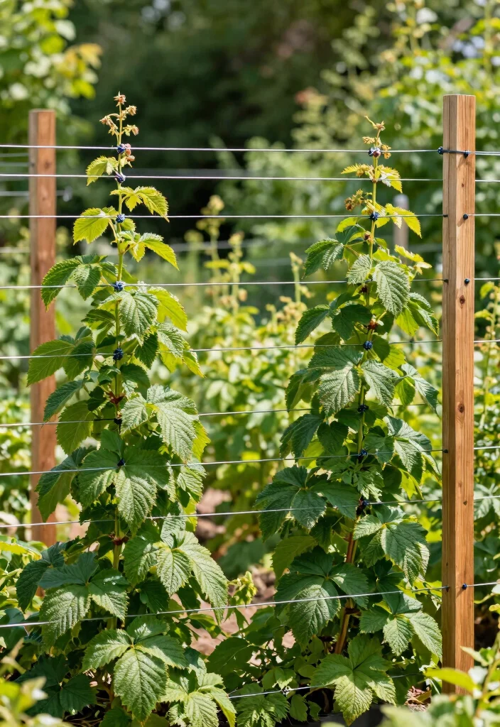 10 Raspberry Trellis Ideas for Healthy and Organized Garden Rows - 5. Horizontal Wire Support System 1
