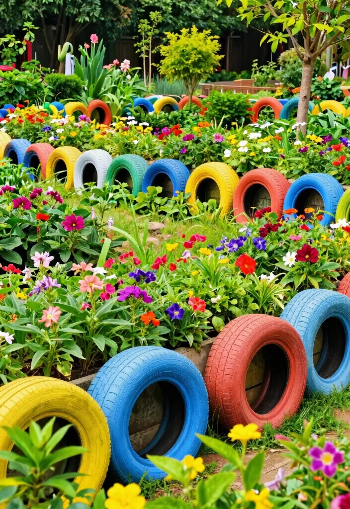 10 Simple Garden Fence Ideas for Clean and Practical Yards - 9. Recycled Tire Garden Fence 1