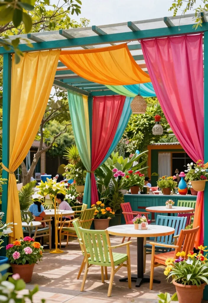 12 Backyard Ideas With Pergola for Shade, Style, and Comfort - 10. Vibrant Colorful Oasis 1