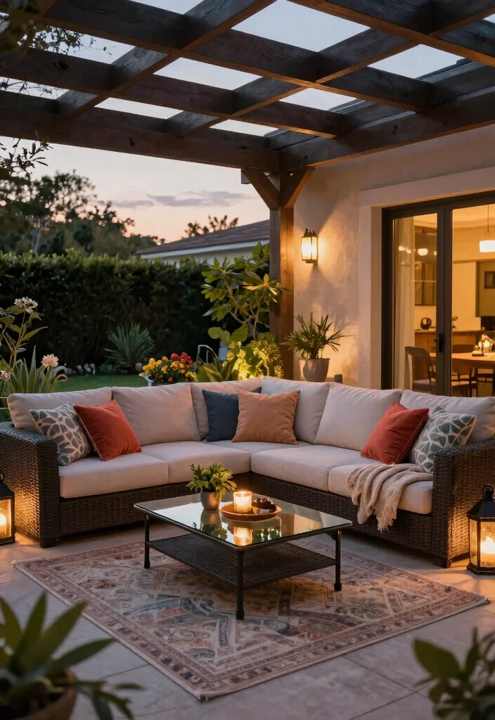 12 Backyard Ideas With Pergola for Shade, Style, and Comfort - 3. Cozy Outdoor Living Room 1