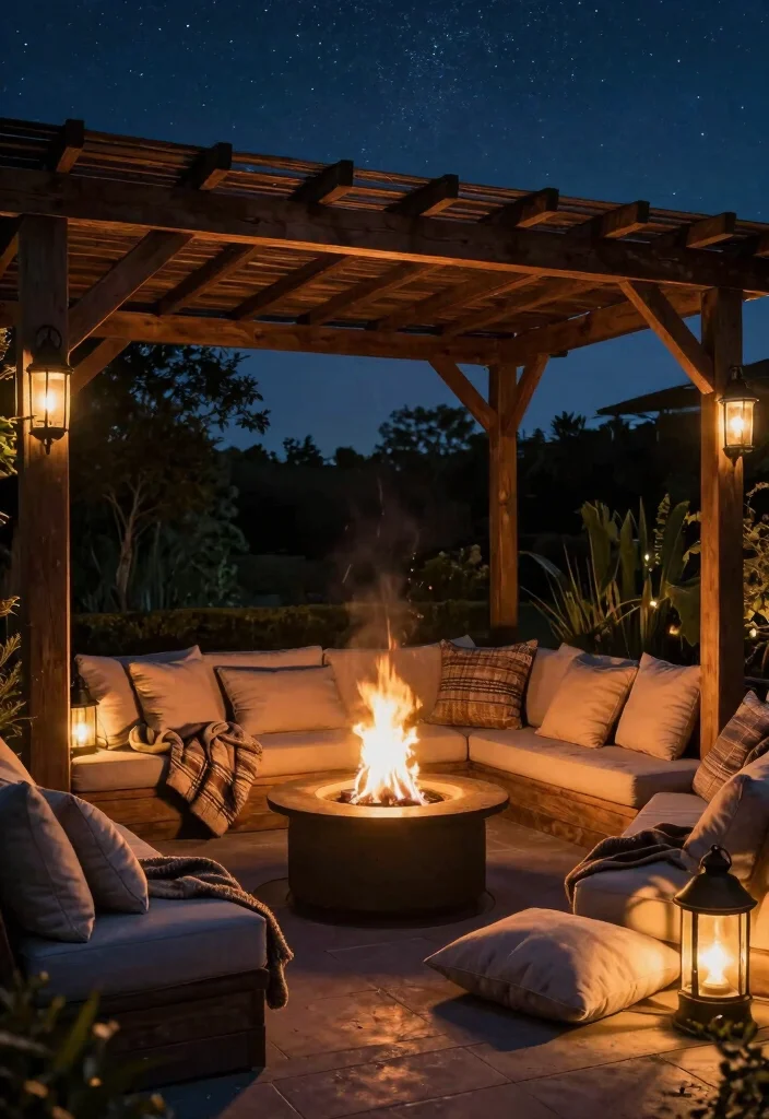 12 Backyard Ideas With Pergola for Shade, Style, and Comfort - 8. Fire Pit with Pergola Cover 1