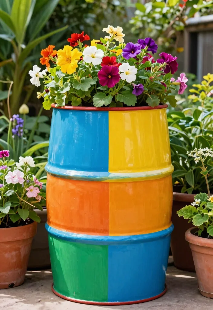 12 Barrel Planter Ideas for Rustic Garden Style on a Budget - 10. Colorful Barrier Planter 1