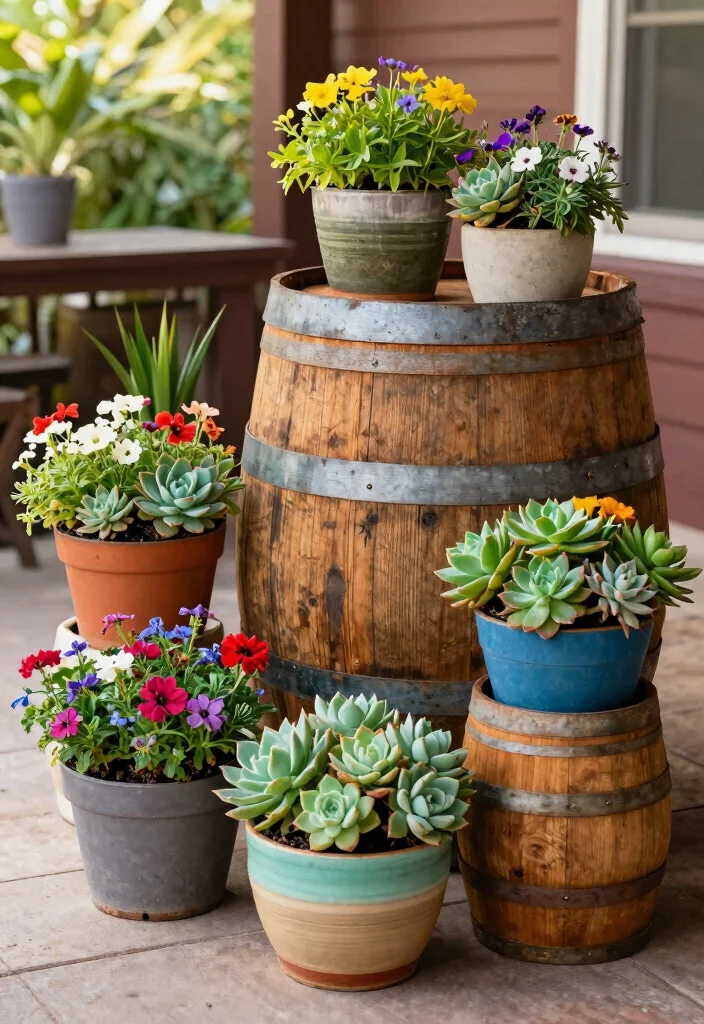 12 Barrel Planter Ideas for Rustic Garden Style on a Budget - 11. Upcycled Mini Barrels 1