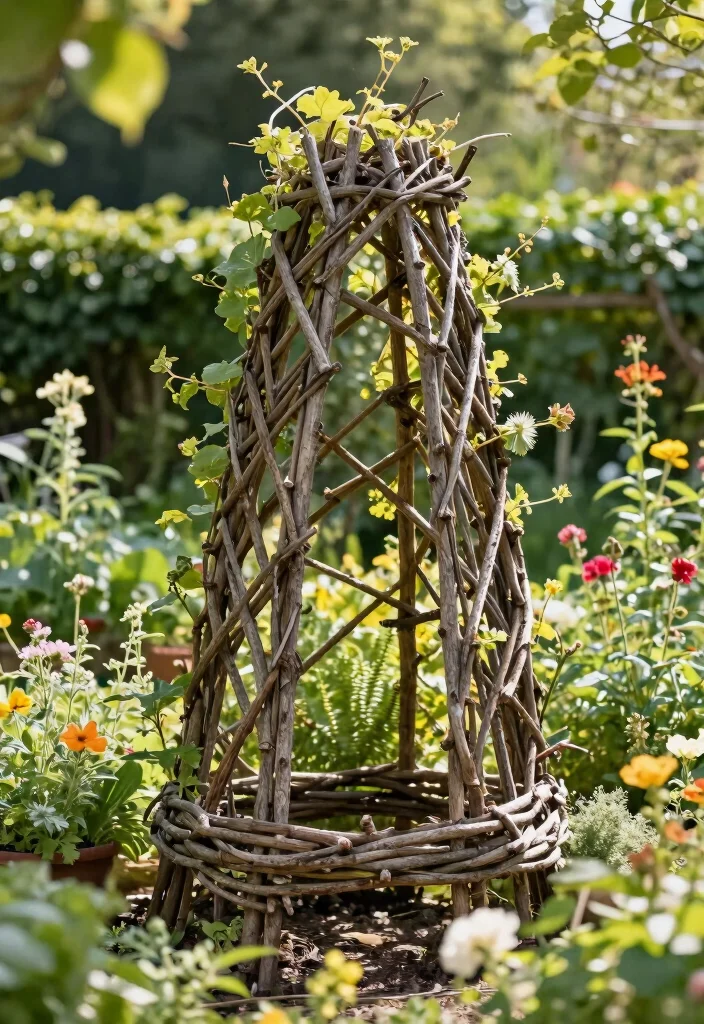 12 DIY Garden Trellis Ideas for Budget Friendly Vertical Gardening - 5. Woven Twigs Trellis 1