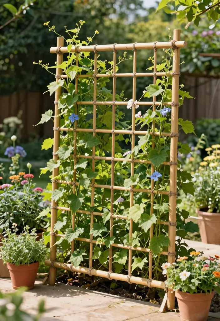 12 DIY Garden Trellis Ideas for Budget Friendly Vertical Gardening - 8. String and Bamboo Trellis 1