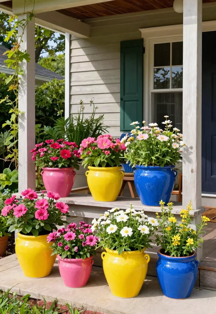 12 Front Porch Planter Ideas to Boost Curb Appeal on Any Budget - 5. Colorful Ceramic Pots 1