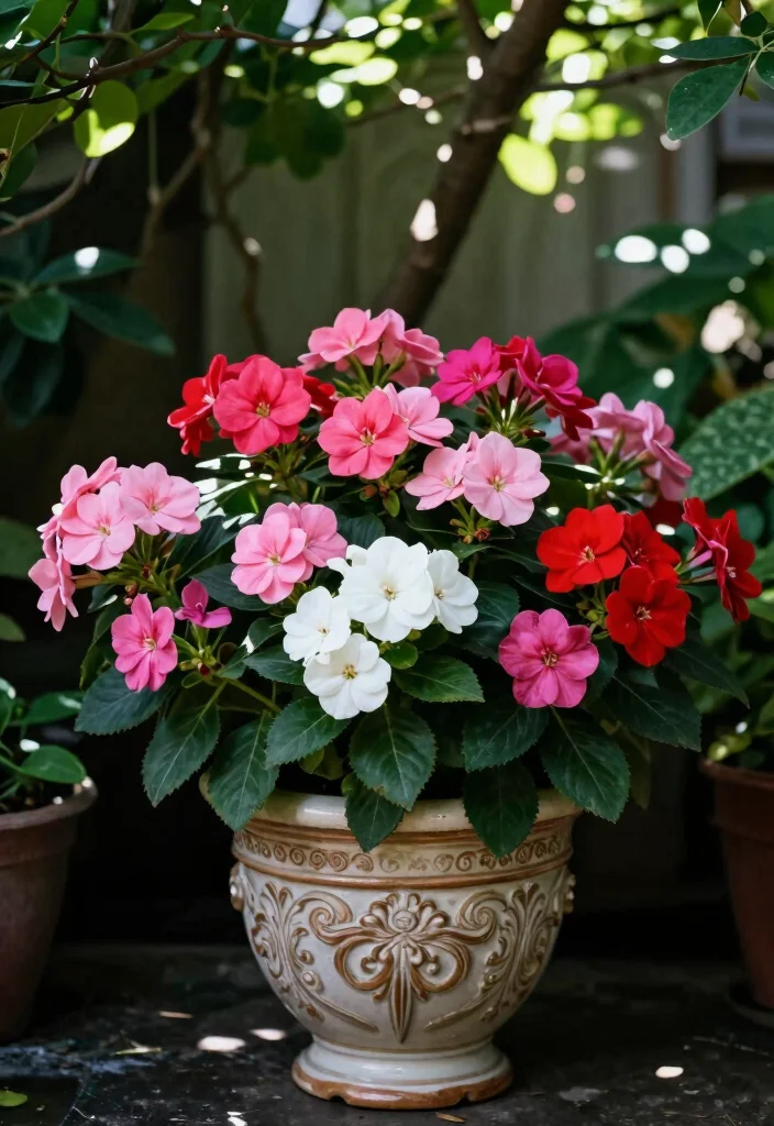 12 Part Shade Planter Ideas That Thrive Without Full Sun 12 12 Part Shade Planter Ideas That Thrive Without Full Sun - 2. Colorful Impatiens 1