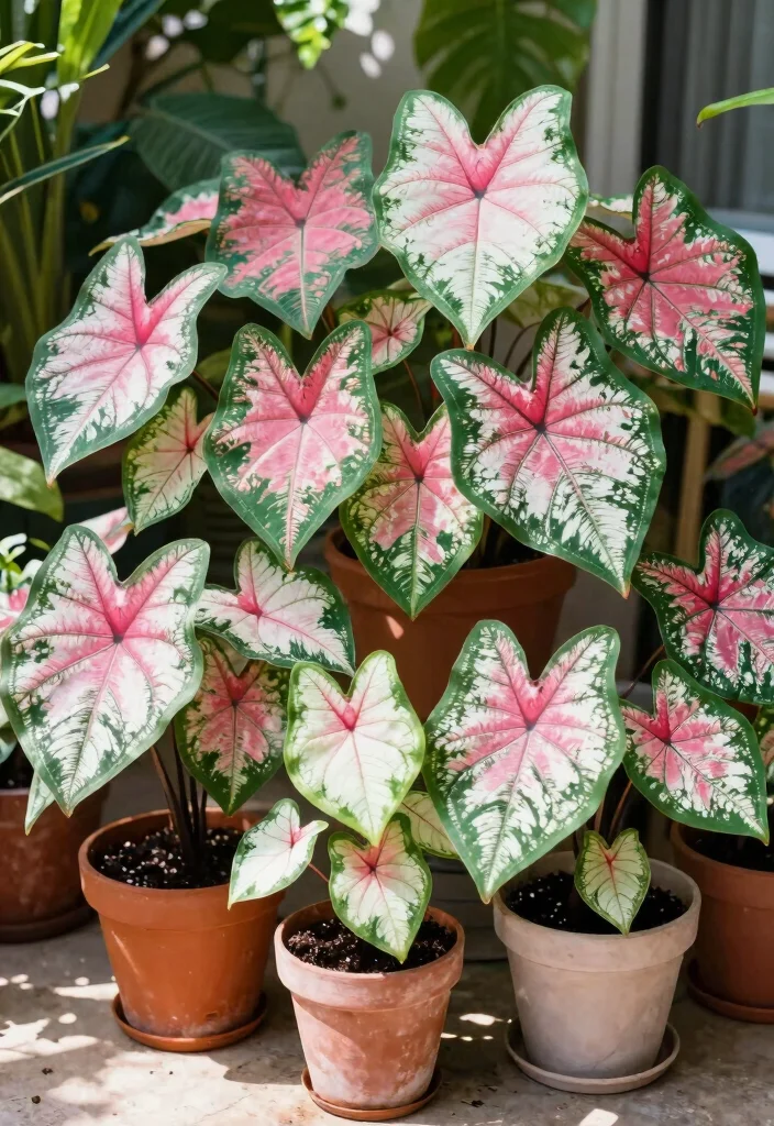 12 Part Shade Planter Ideas That Thrive Without Full Sun 34 12 Part Shade Planter Ideas That Thrive Without Full Sun - 4. Striking Caladiums 1