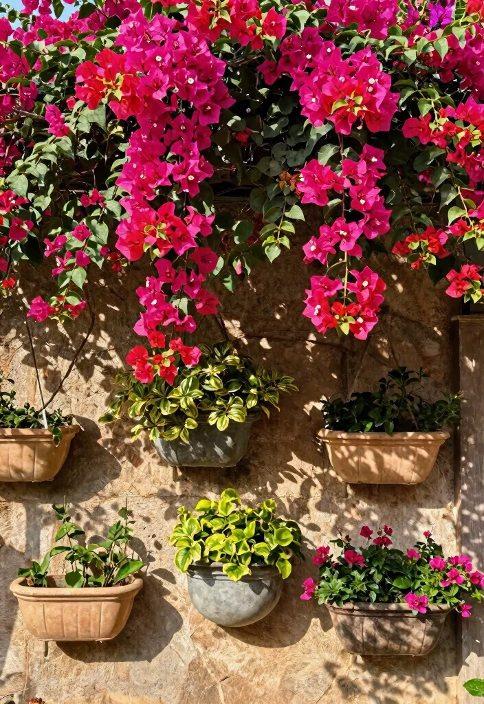12 Planter Ideas for Full Sun That Are Easy to Maintain - 11. Bougainvillea in Wall-Mounted Planters 1