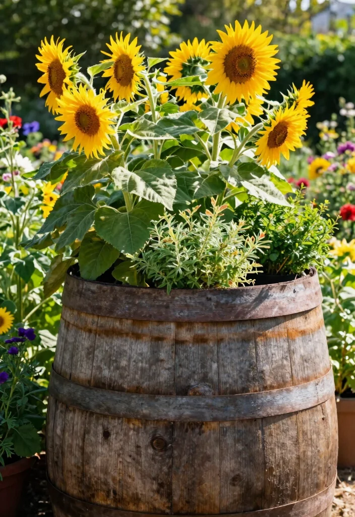 12 Planter Ideas for Full Sun That Are Easy to Maintain - 12. Decorative Barrels for Rustic Charm 1