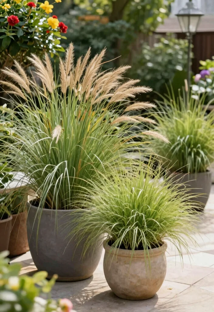 12 Plants on Patio Ideas for Lush Small Outdoor Spaces - 9. Potted Ornamental Grass for Movement 1