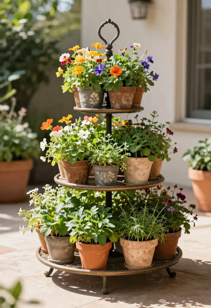 16 Planter Ideas for Patios Porches and Small Gardens 9. Tiered Plant Stands 0